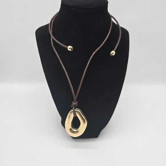 Atterri Brown Leather Cord Necklace and Gold Tone Pendant Adjustable Minimalist - Picture 1 of 5
